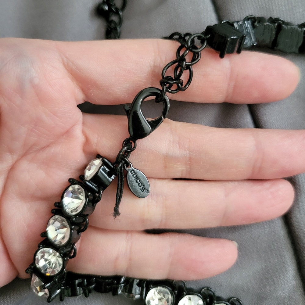 Chico's | NWOT Black Enamel 'Riviere' Crystal Rhinestone Choker Necklace - Picture 6 of 13